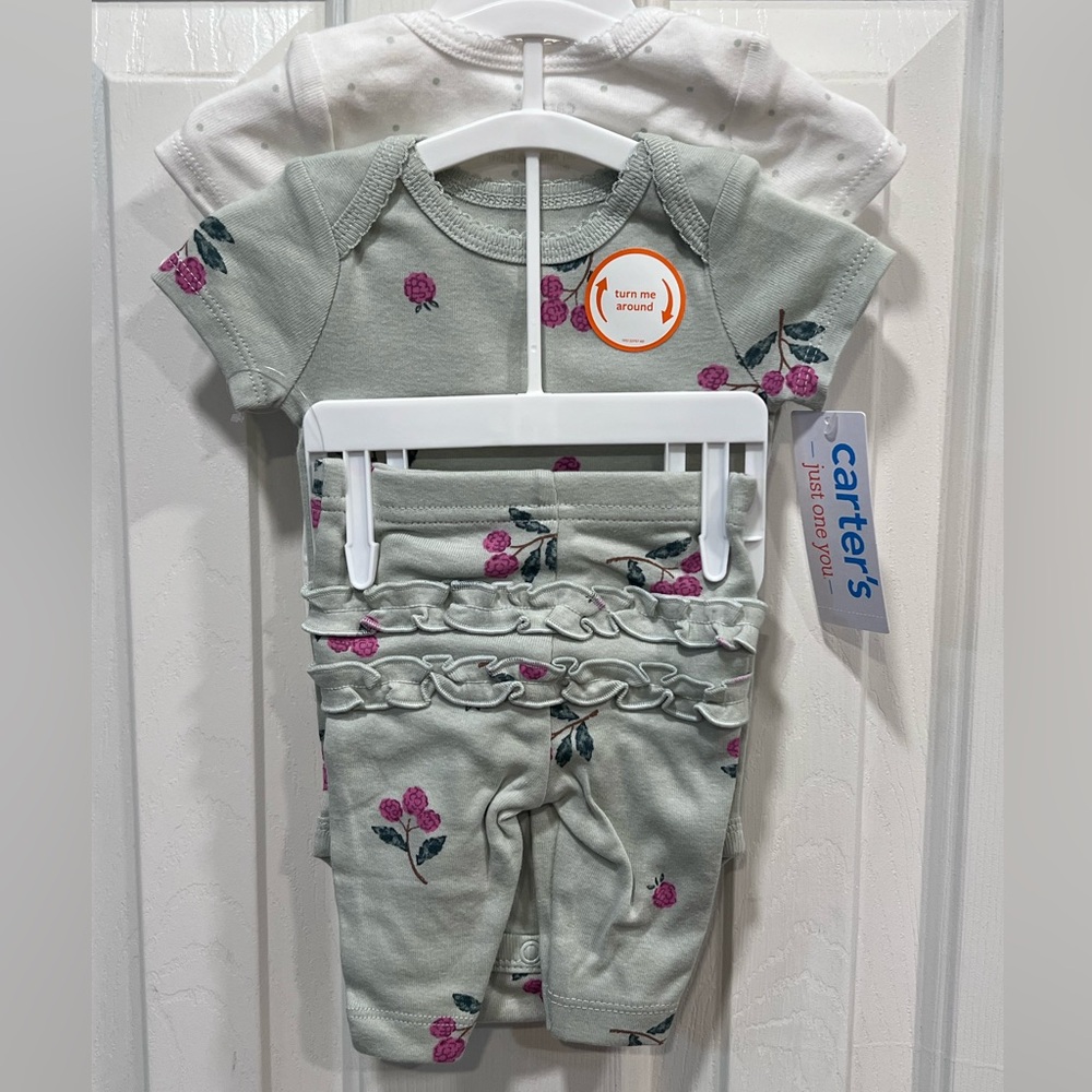 Carter's 3 Pc Set Floral & Polka Dot Shirts with Ruffle Pants Size NB NWT